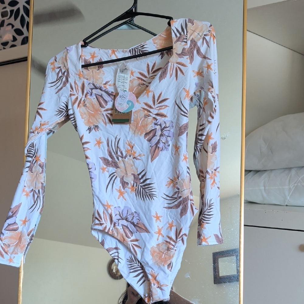 Volcom Floral Long Sleeve Bodysuit - White and Purple